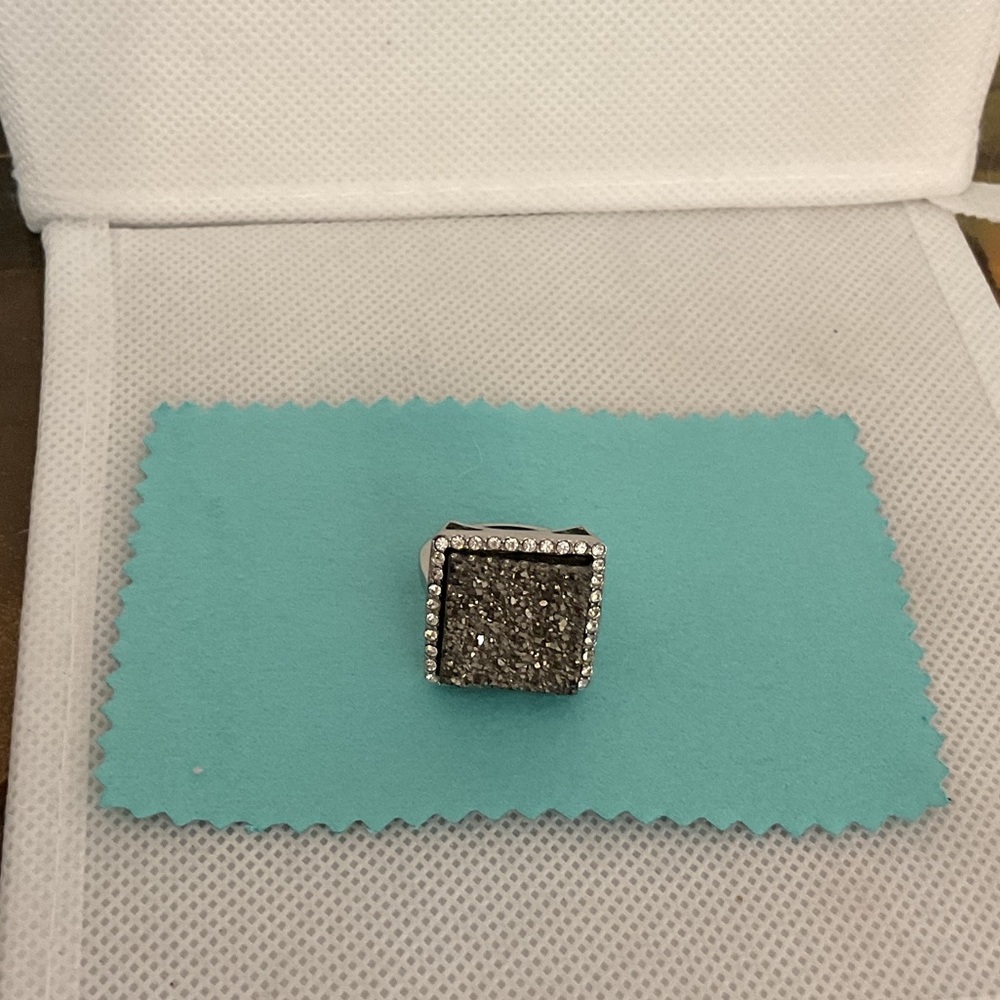 Sterling Silver Square Druzy Stone Ring with Crystal Accents, Size 8